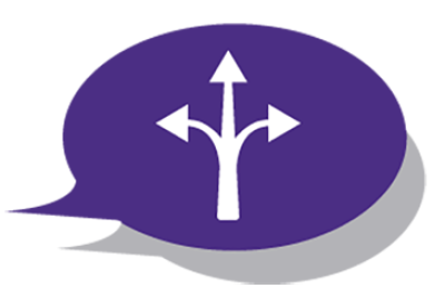 Purple speech bubble filled with branching directional arrow